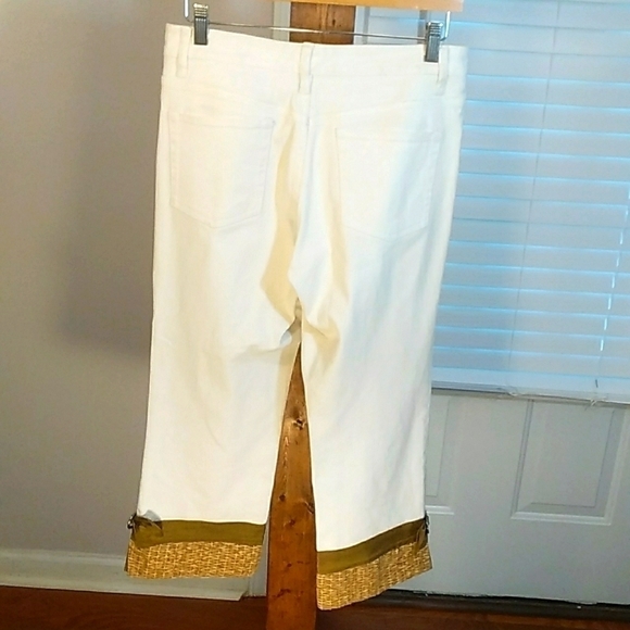 The Denim Tailor Boho Cream Capris Pants Size 8P Fabric Rhinestones Buckle - Picture 2 of 14